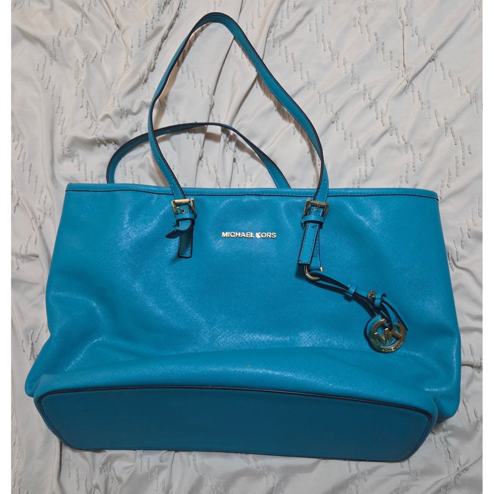 Michael Kors Jet Set Travel Tote Teal Saffiano Leather Gold Hardware Bag